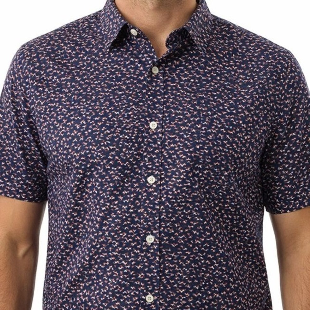 Paige Medium Navy Blue Abstract Print Short Sleeve Button Down Shirt Slim Fit SS
